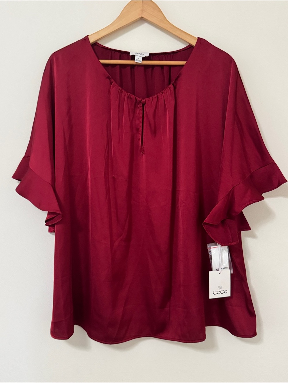 CeCe Women's Wine Red Ruffle Sleeve Peasant Top